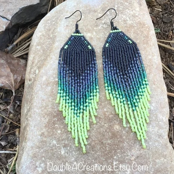 𝅺Black and Lime Green Beaded Earrings with Fringe, New, Handmade by Me - Picture 6 of 11